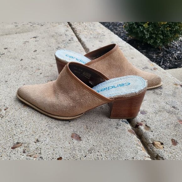 Vintage Candies Suede Leather Mules Size 10M Wood Heel - Picture 1 of 13